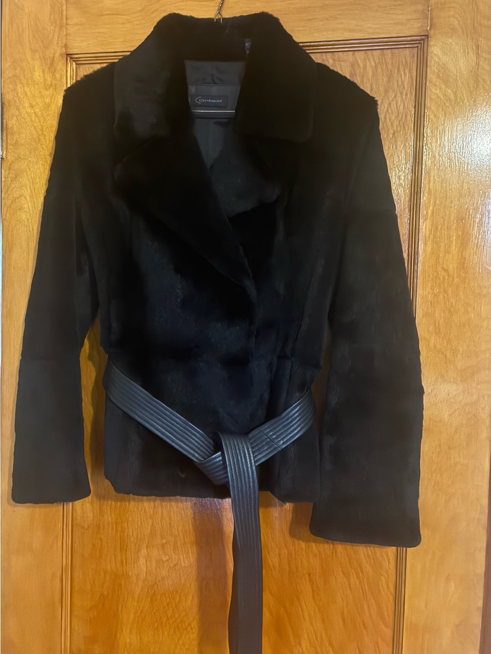 Context Genuine Black Rabbit Fur Jacket with Leather Belt